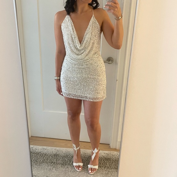 RETROFETE Mich Draped Embellished Tulle Mini Dress White and Silver Size Small - Picture 1 of 12